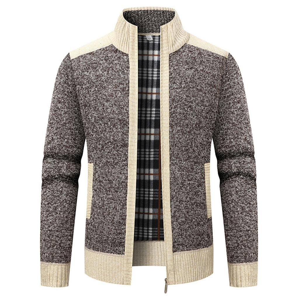 Men's Stand Collar Long Sleeve Warm Jacket Loose Plus Velvet Thickened Color Block Cardigan Sweater