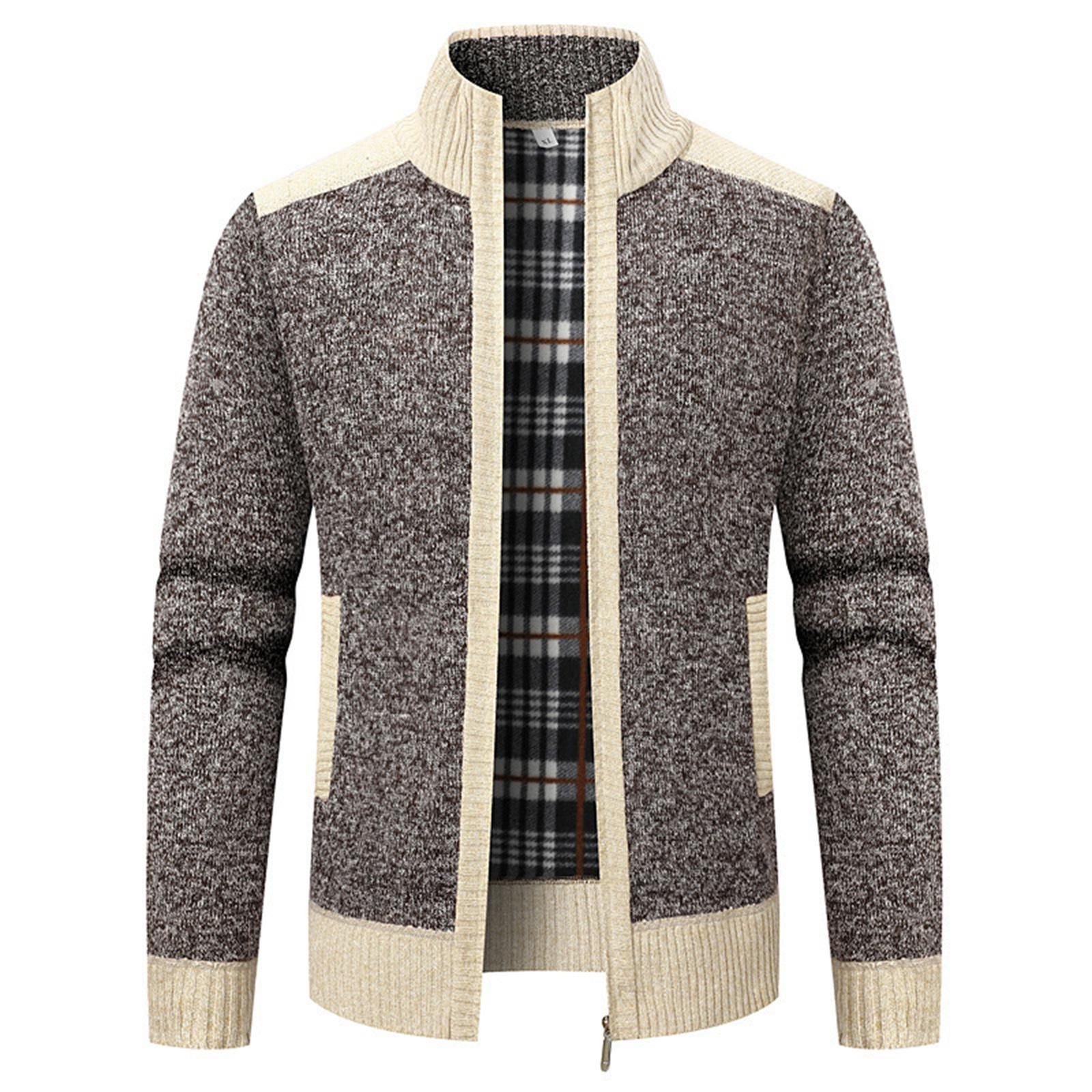 

Мужская куртка с воротником-стойкой, длинными рукавами и теплой подкладкой, свободный кардиган-свитер с толстой велюровой подкладкой и цветными блоками M кофейный