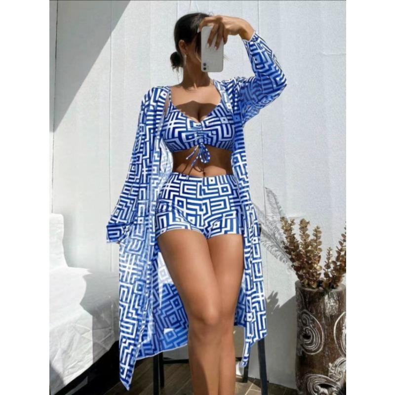 New European and American Women's Split Swimsuit Blouse Three-piece Gather Beach High-waisted Bikini