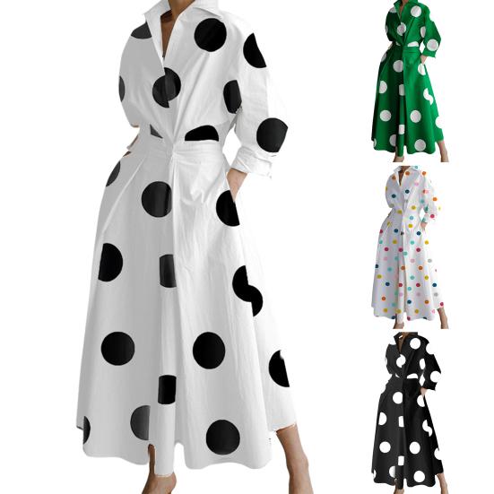 Women's Boho One Button Wrap Shirt Dress Polka Dots Print Long Sleeve Maxi Dress Lapel Collared V-neck Long Swing Dress