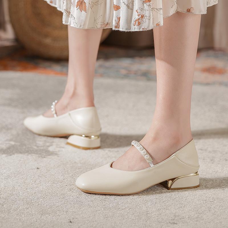 Mary Jane Shoes Women's 2025 Summer Single Shoes French Gentle Flat Sole Medium High Heel Thin Small Leather Shoes Gentle Wind