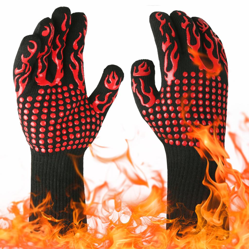 A Pair BBQ Gloves High Temperature Resistance Oven Mitts 800 Degrees Fireproof Non-Slip Barbecue Baking Grilling Gloves
