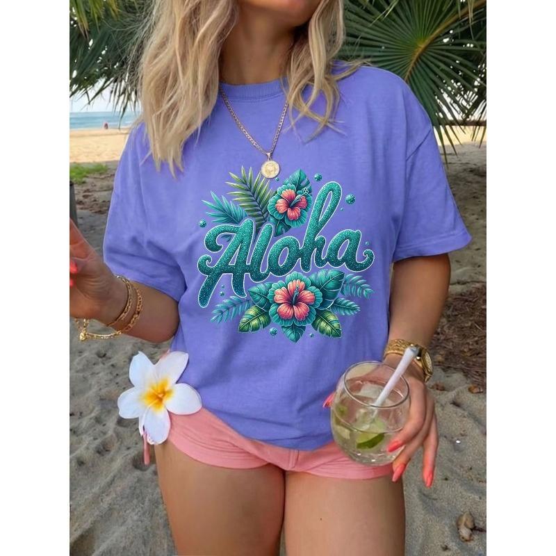 Frühling/Sommer Damen Oberteil, Frischer Stil, Hibiskusblüten- und Tropenblatt-Print, "Aloha" Schriftzug, Täglich Lässig, Modischer Lockerer Schnitt,