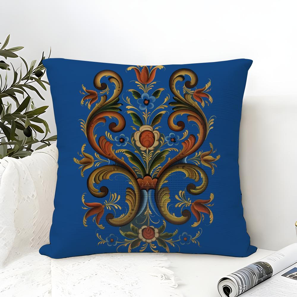 Norwegian Rosemaling Pillow Case Cotton Linen Fabric Square Zipper Pillowcase Home Decorative Living Room