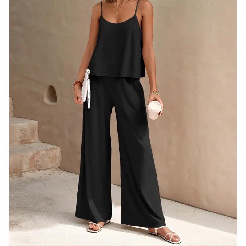 2025 Elegant Solid Color Two-Piece Set: Crew Neck Tank Top & Wide-Leg Pants for Women
