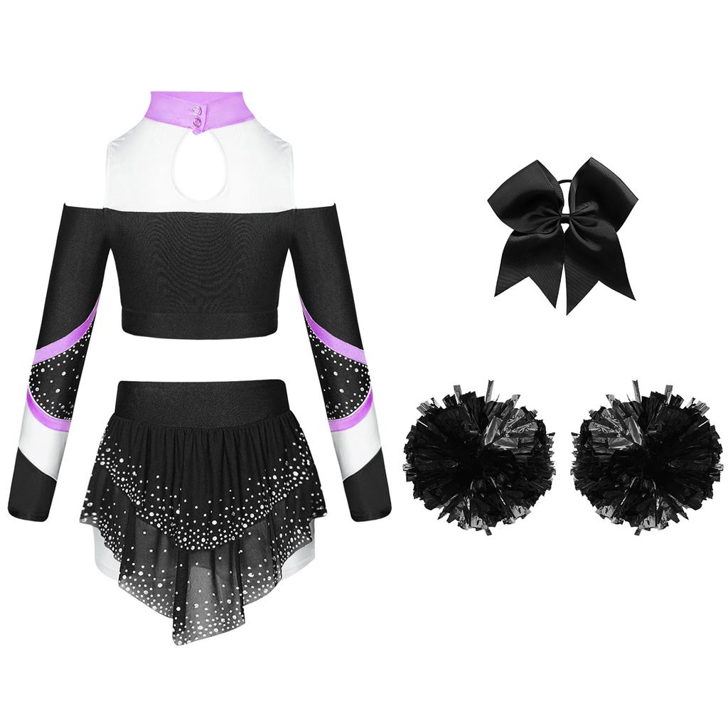 Dívčí cheerleadingová sada Odhalená ramena Dlouhý rukáv Zadní výstřih Klíčová dírka Barevný blok Potisk písmen Zkrácený top Kamínky Sukně Mašle Čelenka Pompony