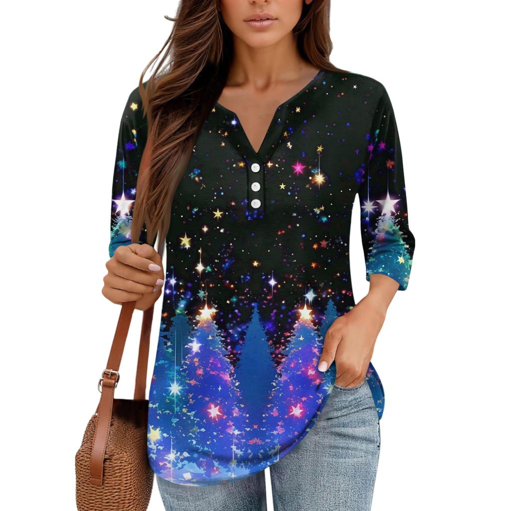 Skjorter med 3/4-ermer for kvinner Trykk grafiske t-skjorter Bluser Uformell Plussstørrelse Basic Topper Pullover