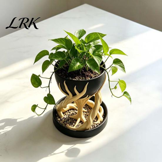 Desk Ornament for Plants 3D Printed Flower Pot with Tray, Modern Succulent Planter, Decorative Tree Bottom Sculpture Geometric Plant Vase Indoor