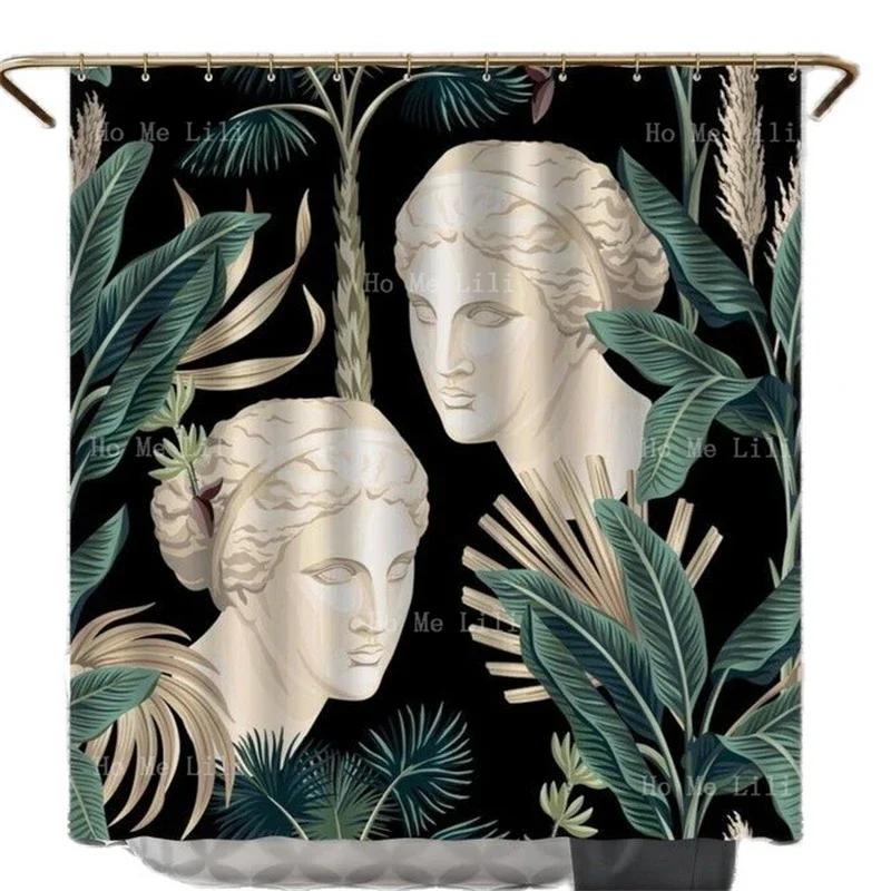 Greek Goddess Statue Tropical Jungle Shower Curtain Dark Green Palms Banana Leaf Botanical Toucan Parrot Bird 3d Animal Print W90xH180cm