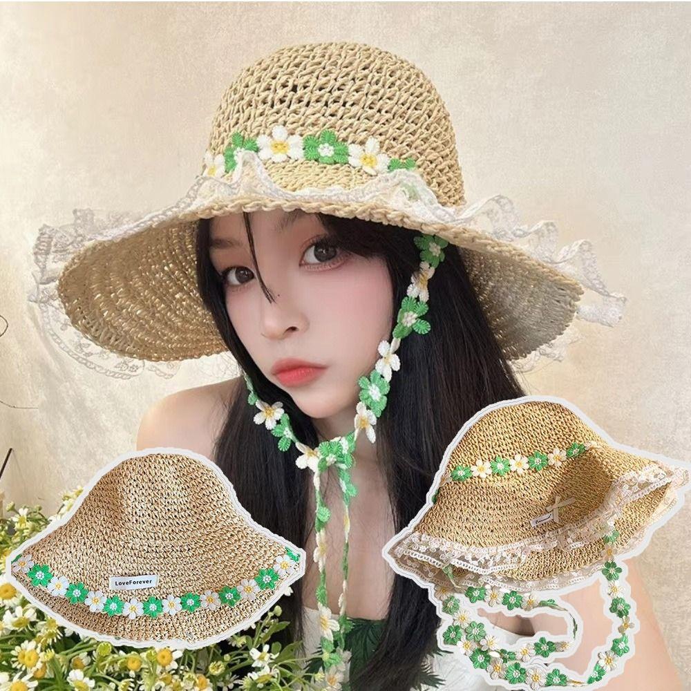 Breathable Flower Straw Hat Lace Trim Beach Hat Women Visor Bucket Hat  Seaside Vacation
