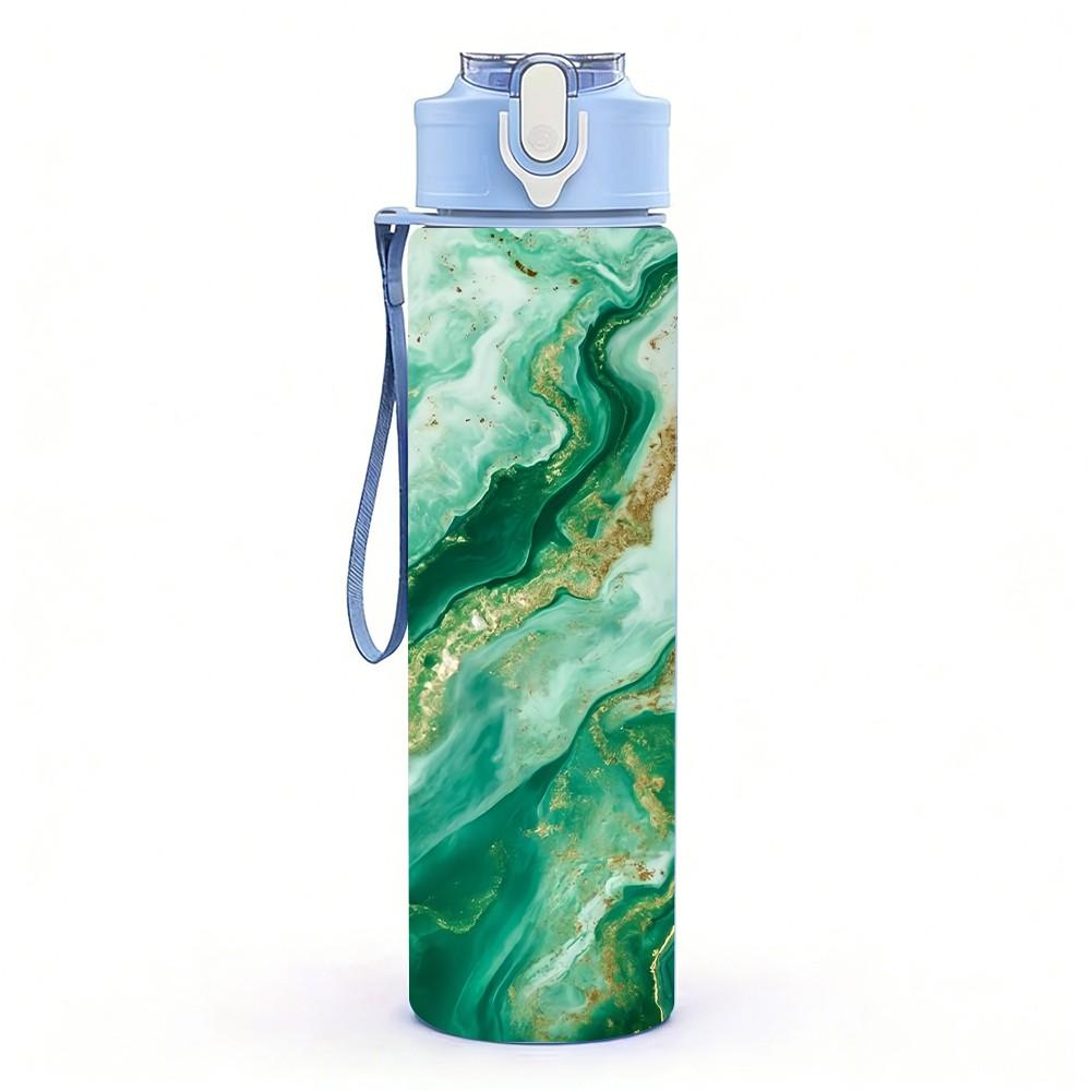 1PC Green Marble Swirl Agate Texture Background 750ml Color Plastic Sports Water Bottle Leakproof Flip Straw Lid Suitable for Sports Office Home Use
