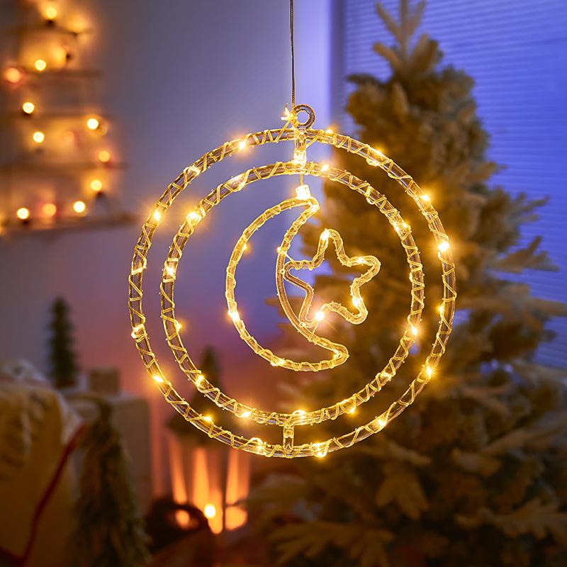 Christmas Decoration 3D Pentagram  Moon  Elk Snowflakes Hanging Lights for Christmas Windows Holidays