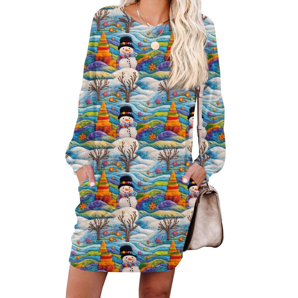 Damska modna sukienka z długim rękawem, z okrągłym dekoltem i kieszenią, w nadruk płatków śniegu
