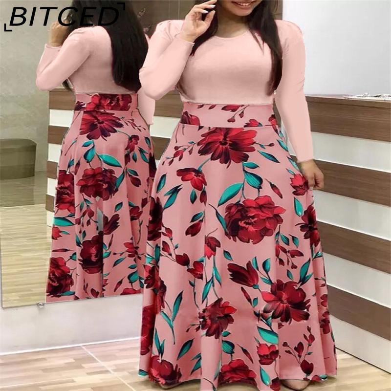 BITCED Floral Print Patchwork Long Sleeve Bohemian Dress Women Spring Autumn O-Neck Big Swing Long Dresses