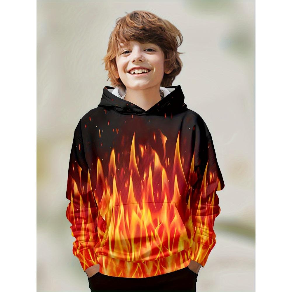 בגדי ילדים בנים קפוצ'ונים שרוול ארוך הדפס להבה תלת-ממדי בגדי ילדים אביב סתיו בגדים יומיומיים מסוגננים לבנים בנות טופים פולאובר