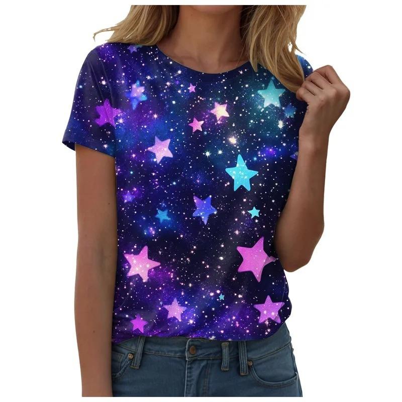 Women's Galaxy Star Print T-Shirt Round Neck Short Sleeve Casual Loose Top