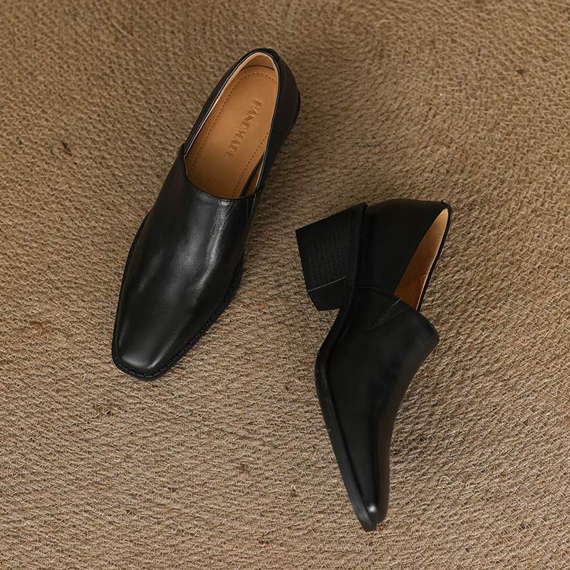 Krazing Pot Cow Skin Fashion Spring Autumn Thick High Heels Women Round Toe Office Lady Retro Fashion Pumps