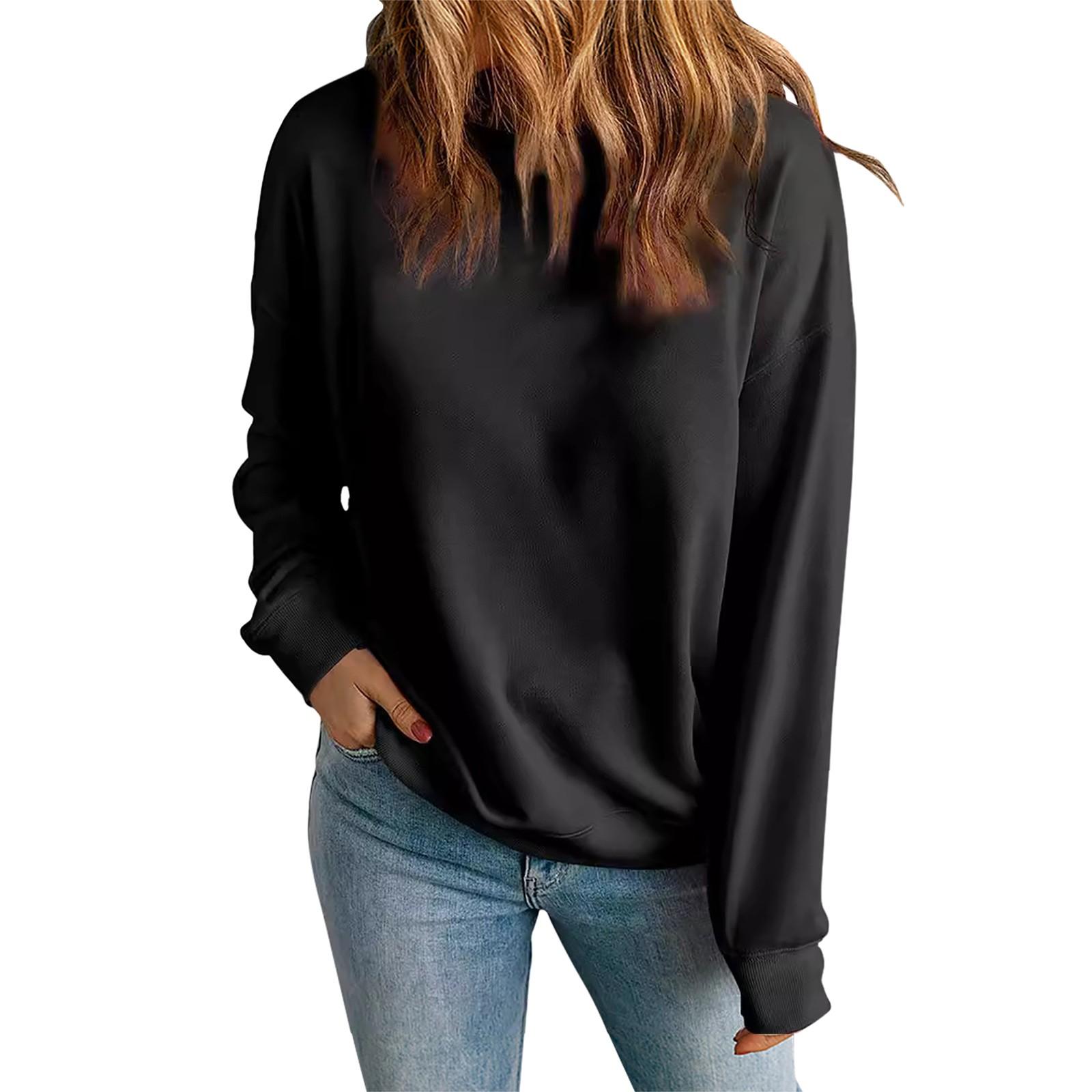 Женская модная повседневная свободная толстовка с круглым вырезом и длинным рукавом однотонная L чёрный 1483₽