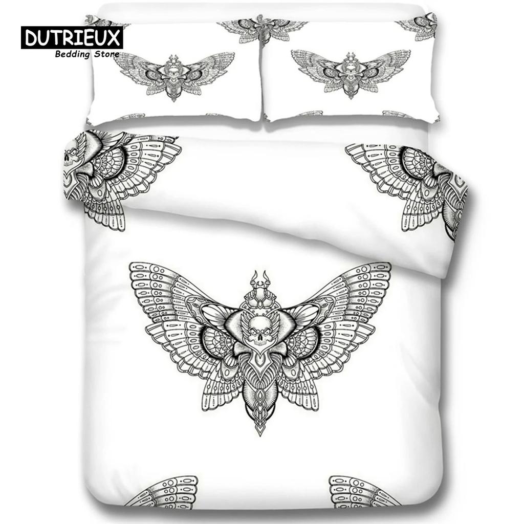 Gothic Skull Bedding Set Decorative Death Moth And Flowers Print Duvet Cover Personalized Skeleton Bones Butterfly Pillowcases