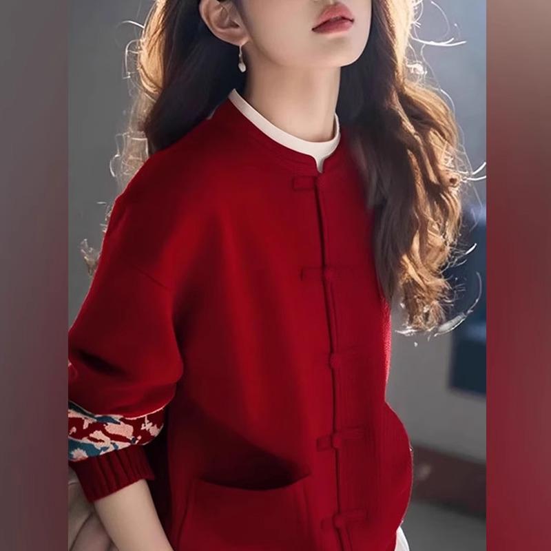 New Chinese Style Red Knit Sweater for Women - National Fashion Autumn/Winter 2025