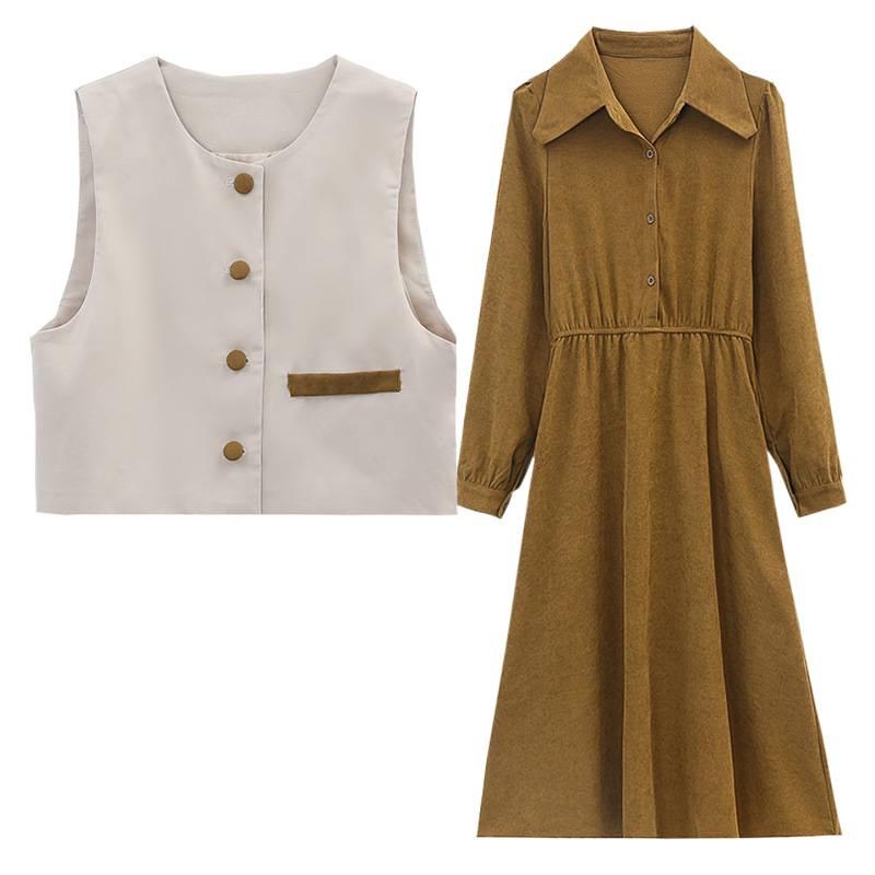 Women's Popular Melard Style Autumn Dress Set: Long Sleeve Vest & Shirt Two-Piece