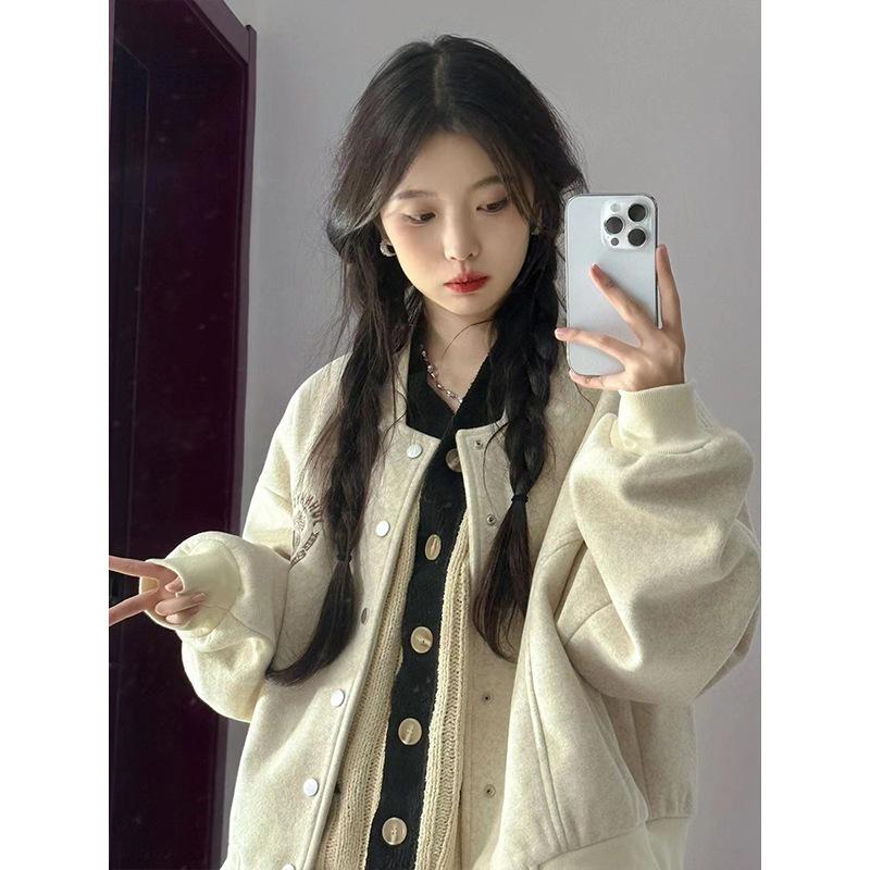 Women's Long Sleeve Baseball Jacket Solid Color Loose Oversized Casual Coat Lazy Style Button Outerwear