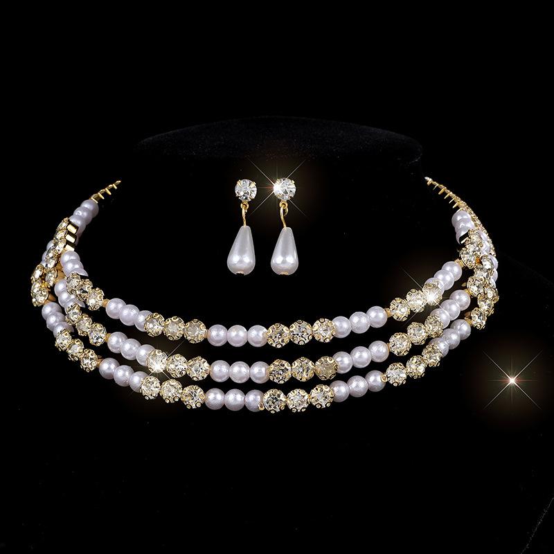Pearl Multi-layer Full Diamond Collar Bridal Rhinestone Bracelet Earrings Necklace Three-piece Set Women