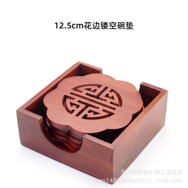 Wooden Coaster Set Tea Cup Table Mat Heat Resistant Handcrafted Floral Carved Dining Accessory Modern Minimalist