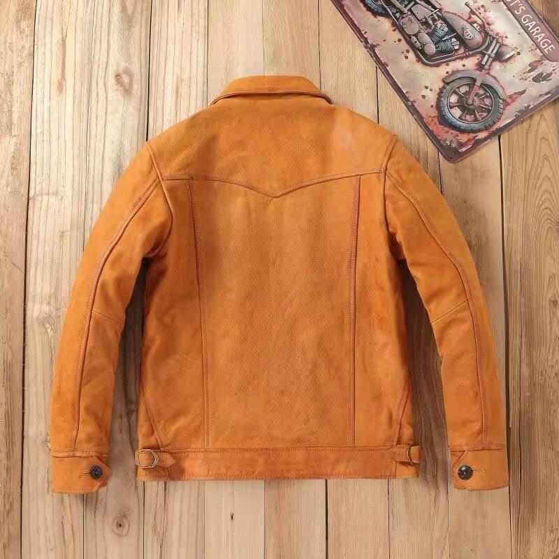 Chinese Size Uncoated Frosted Natural Cowhide Men Leather Jacket Soft Short Slim Fit Vintage Genuine Leather Coat Autumn