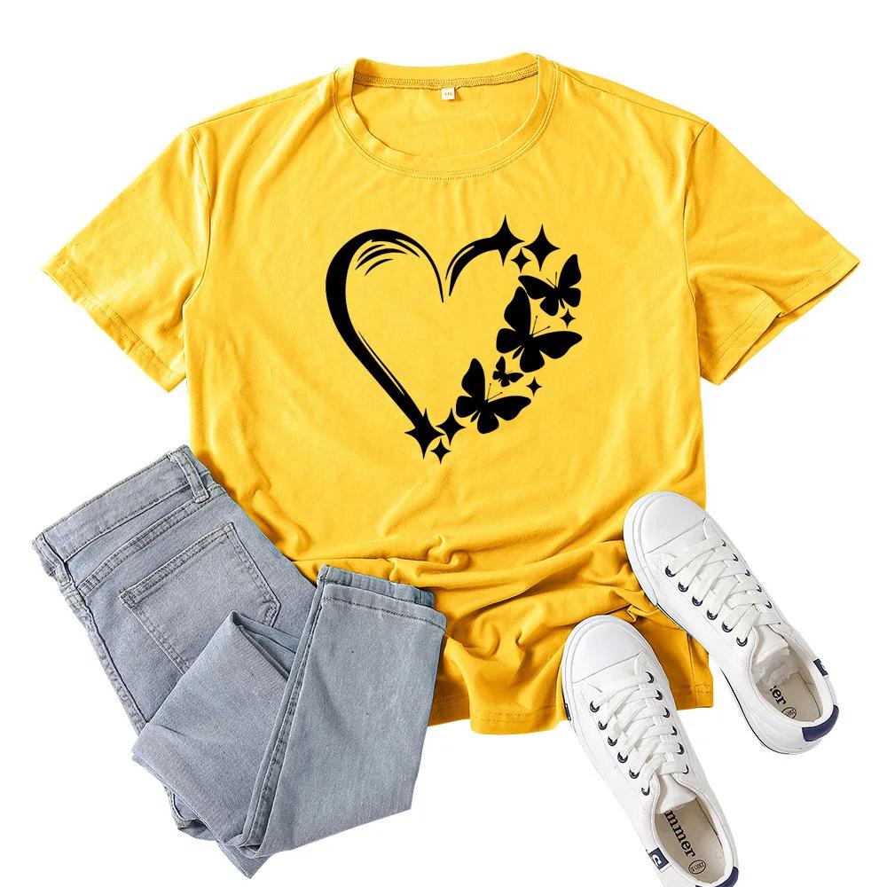 Butterfly Heart Print T Shirt Women Short Sleeve O Neck Loose Tshirt Summer Women Tee Shirt Tops Camisetas Mujer