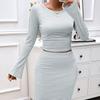 Seturi de două piese pentru femei, sexy, elegante, cu dungi, tricotate cu mâneci lungi, crop top și fuste lungi Seturi ocazionale la modă nouă