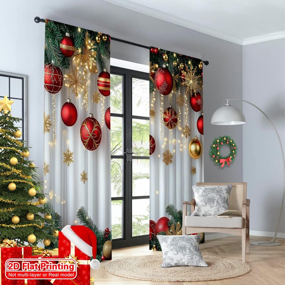 2D flat printing 2pcs Merry Christmas Scene Curtains Red and Gold Ball Pine Branch Snowflake Machine Washable Polyester Without