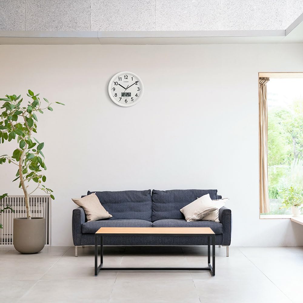 RHYTHM Citizen Wall Clock Radio Clock Analog Temperature Humidity Calendar LCD Quiet Continuous Second Hand White CITIZEN (Digital Display) 30x5.1cm