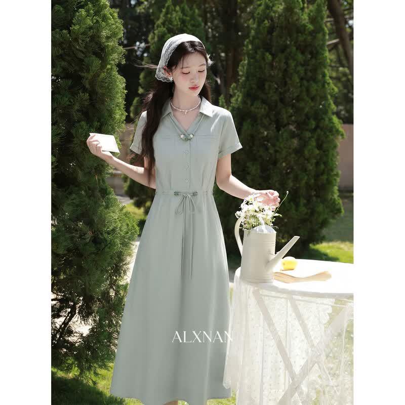 French Style Matcha Green A-Line Midi Dress M