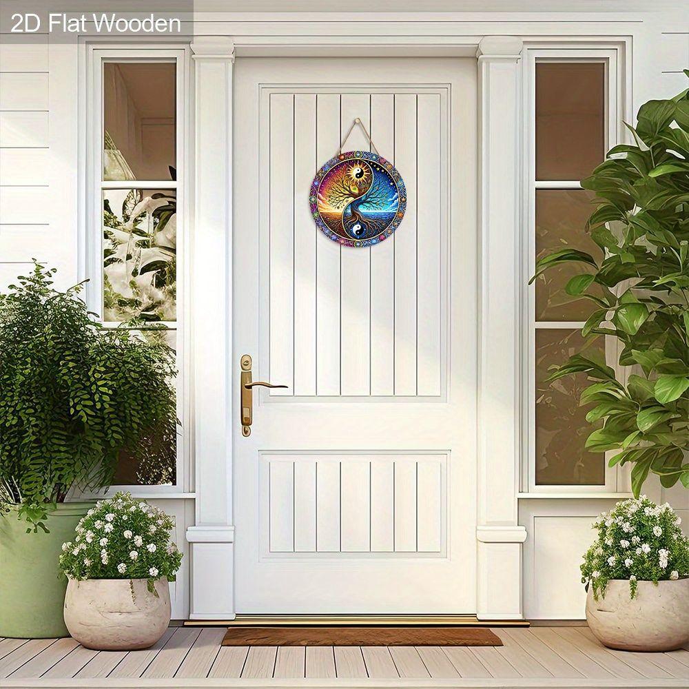 Yin Yang Tree Of Life Round Wooden Hanging Sign, 2D Flat Wooden Spiritual Wall Decor