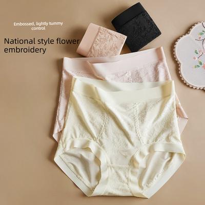 Damen Frühling und Herbst Leichter Luxus Nationaler Stil Stickerei Relief Bauchfrei Nicht abzeichnend Antibakterieller Schritt Hoher Bund Dreieck Höschen