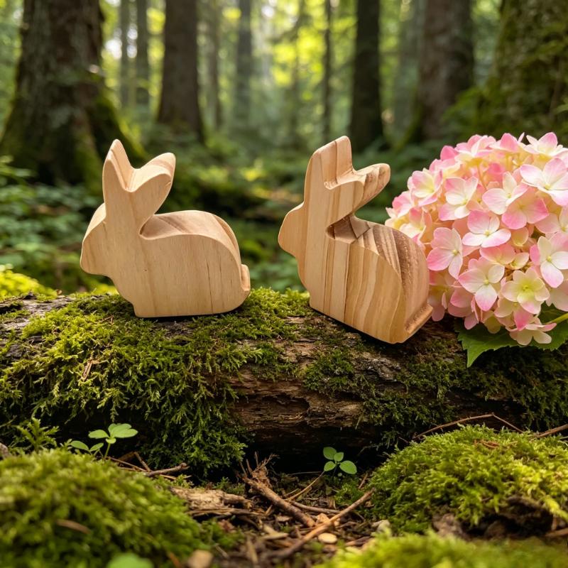 6pcs Wooden Bunny Figurines Wood Rabbit Decorations with Jute Twine Rustic Tabletop Ornaments for Home Decor and Farmhouse