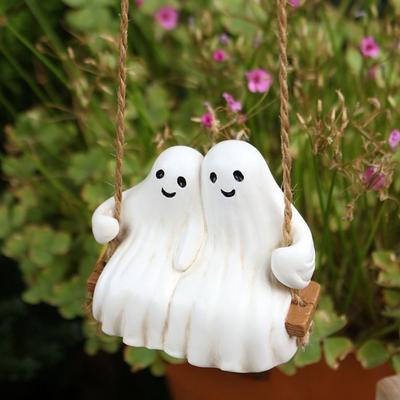 Resin Swinging Ghost Couple Ornament Aesthetic Cute Ghost Swing Decoration Waterproof Miniatures Figurine Sculpture Bedroom