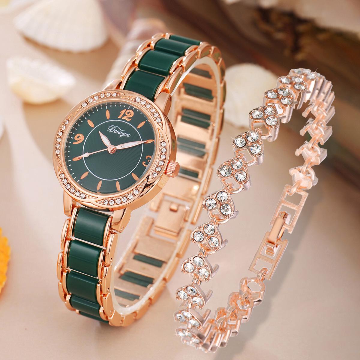 

Женские роскошные кварцевые часы из 2 частей, роскошный браслет из нержавеющей стали зелёный
