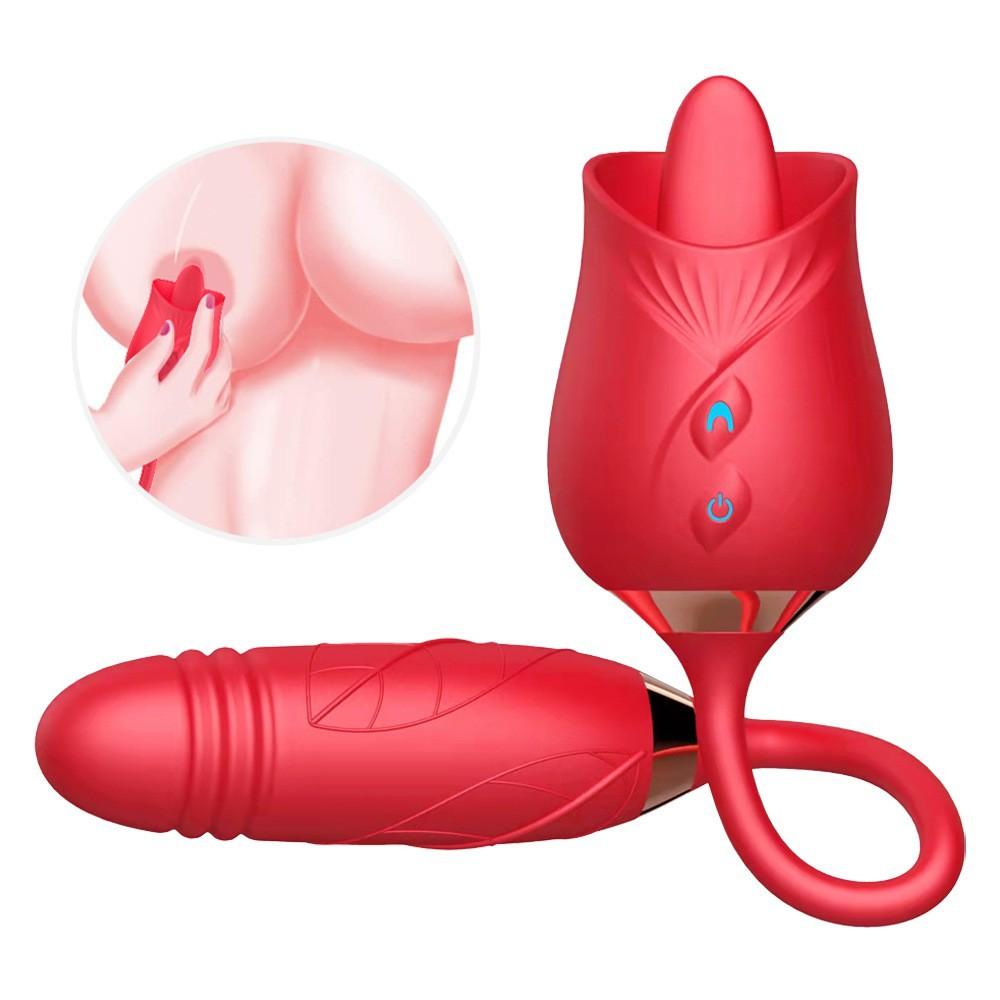 Anal Double Head Dildo Licking Female Telescopic Masturbation Thrust Sucking Silicone Adult Sex Toys Rose Vibrator for Woman