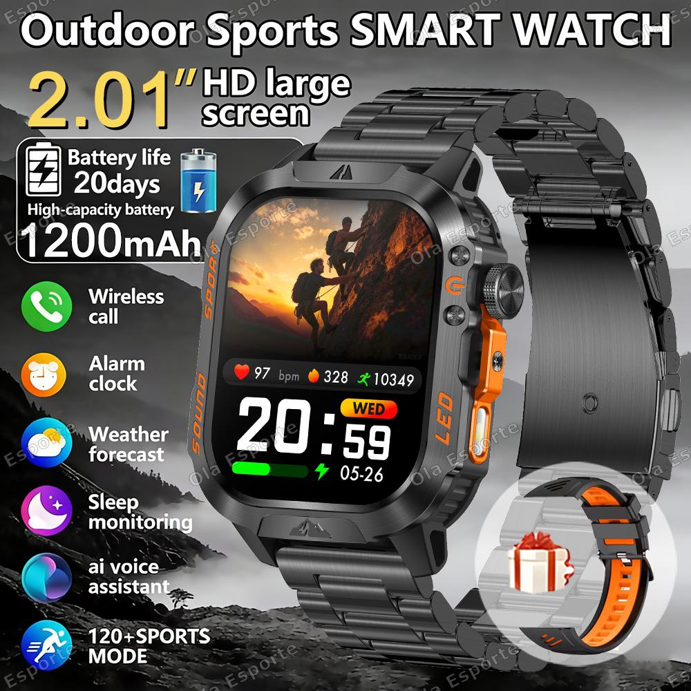 1200mAh Military Outdoor Smartwatch Men LED Flashlight Waterproof GPS Track Sports Watch 2.01-inch BT Call Smart Watch HT30