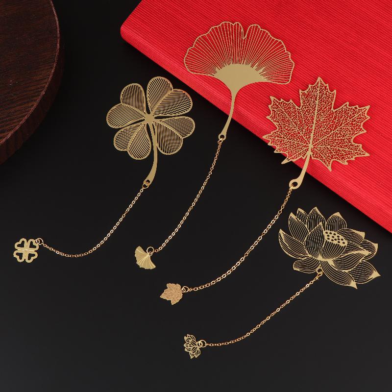 Chinese Style Stationery Retro Metal Bookmarks Hollow Ginkgo Biloba Maple Leaf Lotus Vein Book Marks Gifts