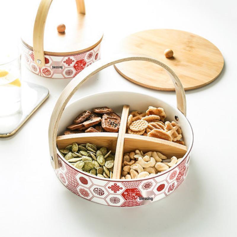Ruhan Portable Divided Ceramic Snack Plate with Lid