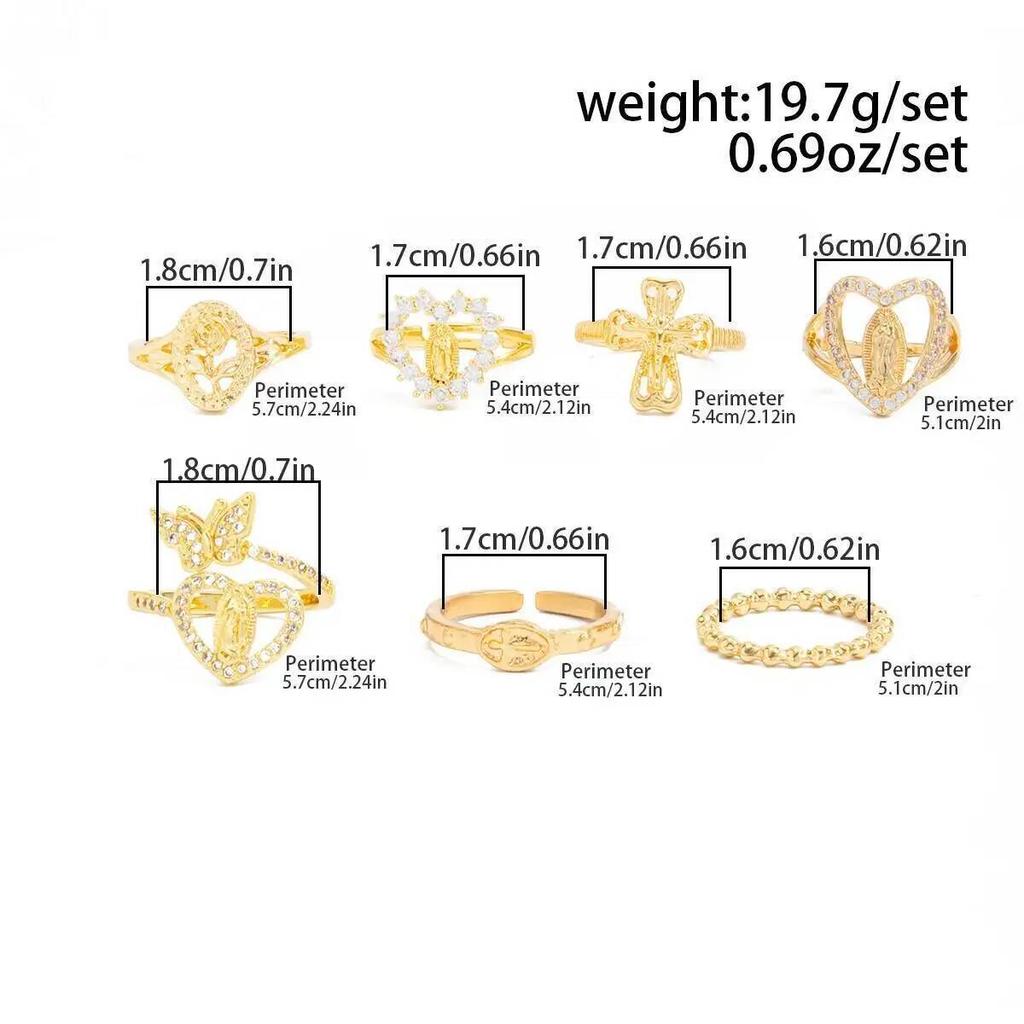 IngeSight.Z 7Pcs Trendy Vintage Heart Rhinestone Rings Women Exquisite Metal Butterfly Chic Open Knuckle Ring Charm Jewelry Set