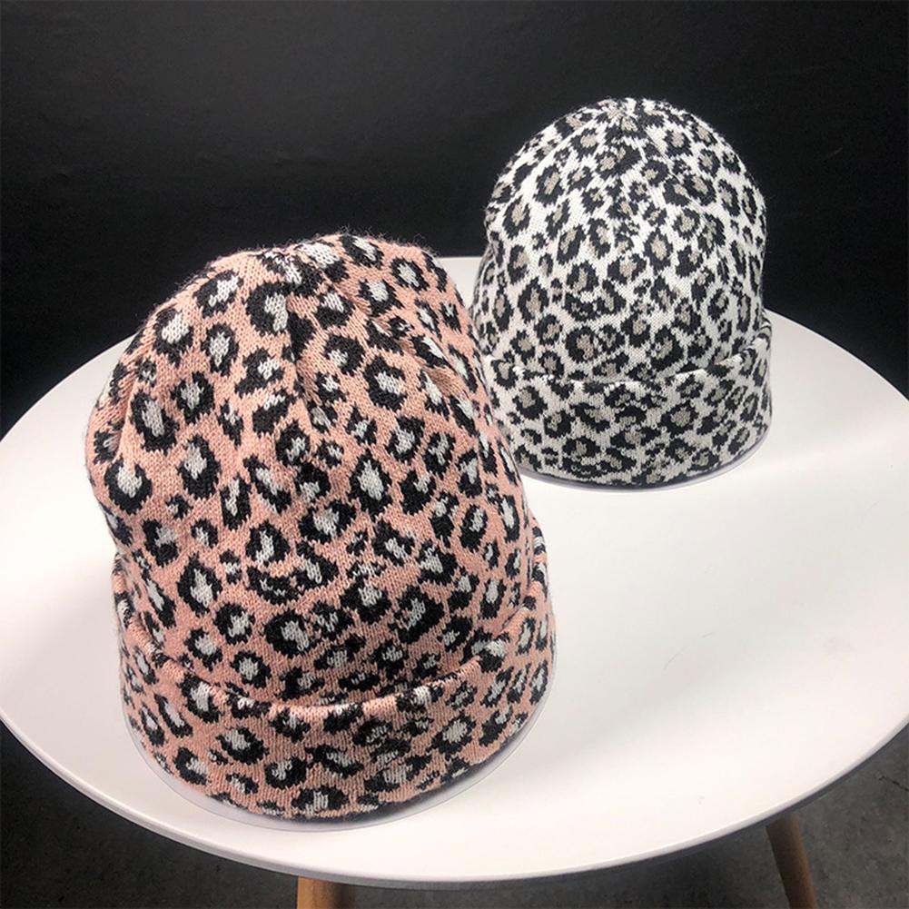 Women Leopard Print Woolen Knitted Cap Retro Autumn Winter Warm Cap Hat