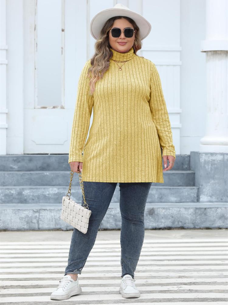 Casual Side Split Knit Long T-Shirt Women Spring Turtleneck Long Sleeve Y2K Tops Female Simple Design Vintage Streetwear Tee 2024