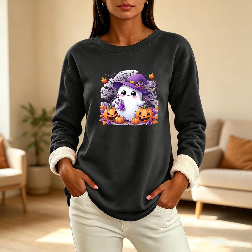 Women's Lined Round Neck Long Sleeve Halloween Print Casual Top for Winter