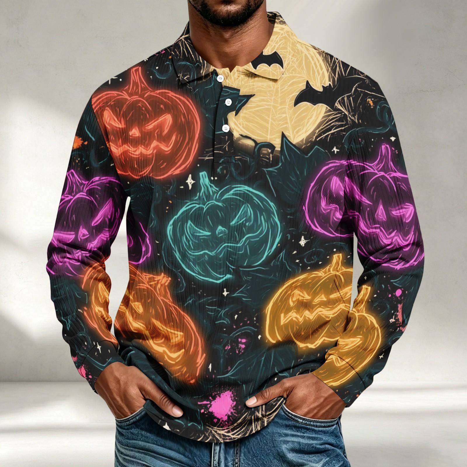Men s Casual Halloween Print Long Sleeve Shirt Loose Fit S