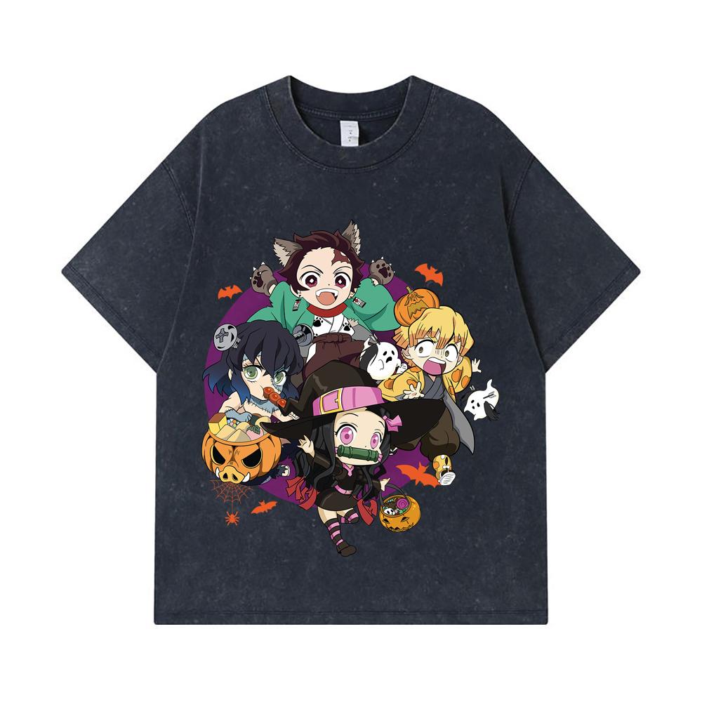 275 GSM Washed T-shirts 100% Cotton Demon Slayer V111 Halloween Print Unisex Heavy Cotton T Shirt