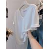 Fat Sister 100.00kg Plus Size Design Sense Lightweight V-neck Solid Snowflake Cotton Short Sleeve T-shirt Women Summer All-Matching Top